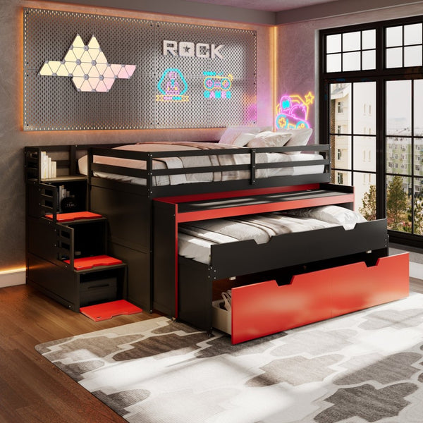 English Elm Full XL Loft Bed with Built-In Desk Trundle Drawers and Stair Storage for Teens Black+Red LT000454AAJ