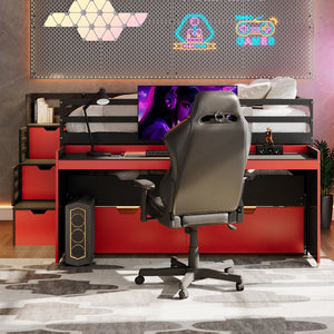 English Elm Full XL Loft Bed with Built-In Desk Trundle Drawers and Stair Storage for Teens Black+Red LT000454AAJ