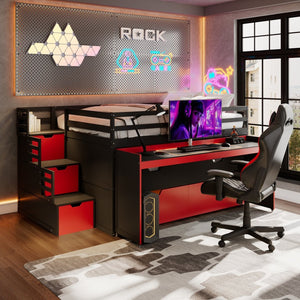 English Elm Full XL Loft Bed with Built-In Desk Trundle Drawers and Stair Storage for Teens Black+Red LT000454AAJ