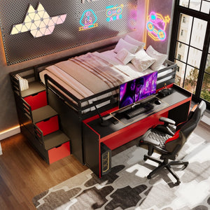 English Elm Full XL Loft Bed with Built-In Desk Trundle Drawers and Stair Storage for Teens Black+Red LT000454AAJ