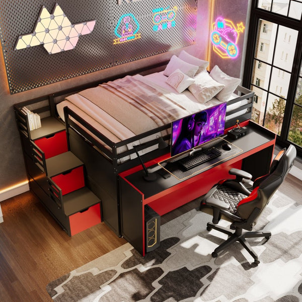 English Elm Full XL Loft Bed with Built-In Desk Trundle Drawers and Stair Storage for Teens Black+Red LT000454AAJ