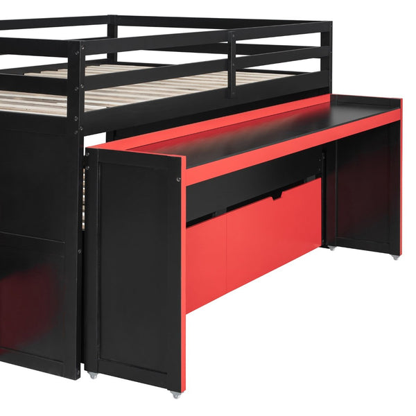 English Elm Full XL Loft Bed with Built-In Desk Trundle Drawers and Stair Storage for Teens Black+Red LT000454AAJ