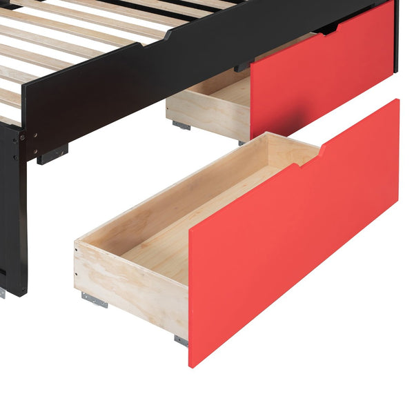 English Elm Full XL Loft Bed with Built-In Desk Trundle Drawers and Stair Storage for Teens Black+Red LT000454AAJ