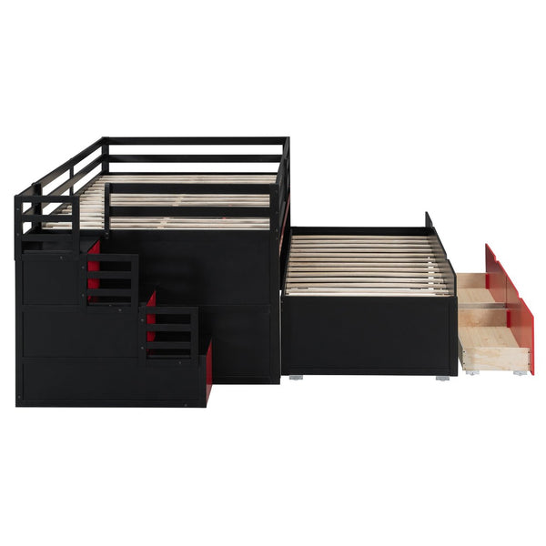 English Elm Full XL Loft Bed with Built-In Desk Trundle Drawers and Stair Storage for Teens Black+Red LT000454AAJ