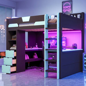 English Elm Full Size Wood Loft Bed with U-Shaped Desk RGB Lighting USB Ports and Storage Drawers Black+Blue LT000456AAC
