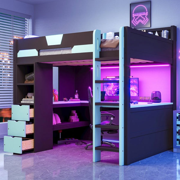 English Elm Full Size Wood Loft Bed with U-Shaped Desk RGB Lighting USB Ports and Storage Drawers Black+Blue LT000456AAC