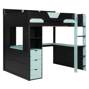 English Elm Full Size Wood Loft Bed with U-Shaped Desk RGB Lighting USB Ports and Storage Drawers Black+Blue LT000456AAC