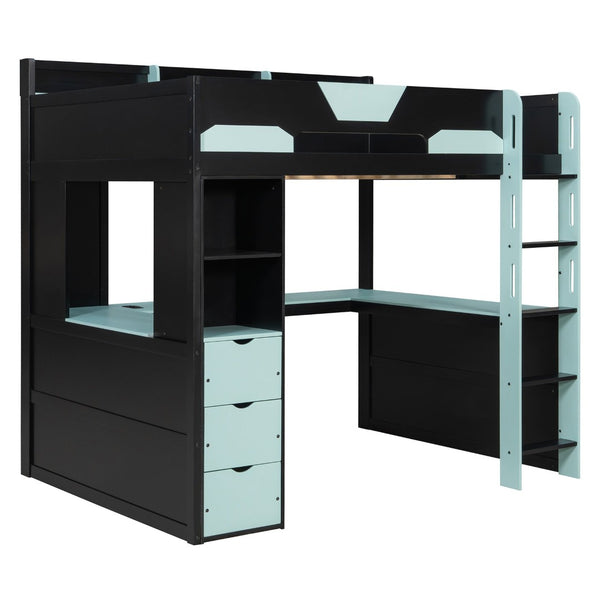 English Elm Full Size Wood Loft Bed with U-Shaped Desk RGB Lighting USB Ports and Storage Drawers Black+Blue LT000456AAC