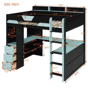 English Elm Full Size Wood Loft Bed with U-Shaped Desk RGB Lighting USB Ports and Storage Drawers Black+Blue LT000456AAC