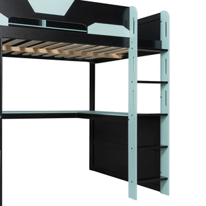 English Elm Full Size Wood Loft Bed with U-Shaped Desk RGB Lighting USB Ports and Storage Drawers Black+Blue LT000456AAC