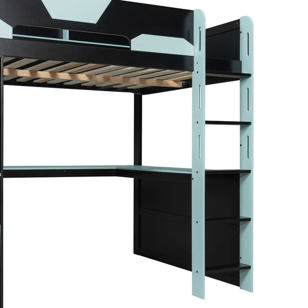English Elm Full Size Wood Loft Bed with U-Shaped Desk RGB Lighting USB Ports and Storage Drawers Black+Blue LT000456AAC