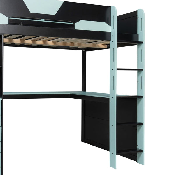 English Elm Full Size Wood Loft Bed with U-Shaped Desk RGB Lighting USB Ports and Storage Drawers Black+Blue LT000456AAC