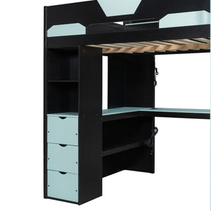 English Elm Full Size Wood Loft Bed with U-Shaped Desk RGB Lighting USB Ports and Storage Drawers Black+Blue LT000456AAC