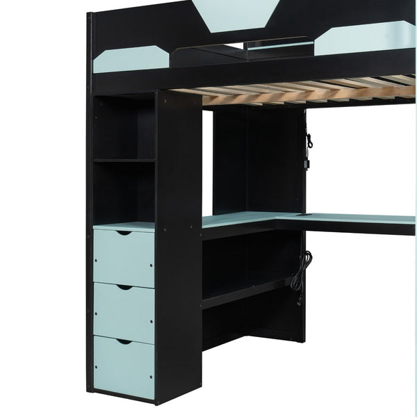 English Elm Full Size Wood Loft Bed with U-Shaped Desk RGB Lighting USB Ports and Storage Drawers Black+Blue LT000456AAC