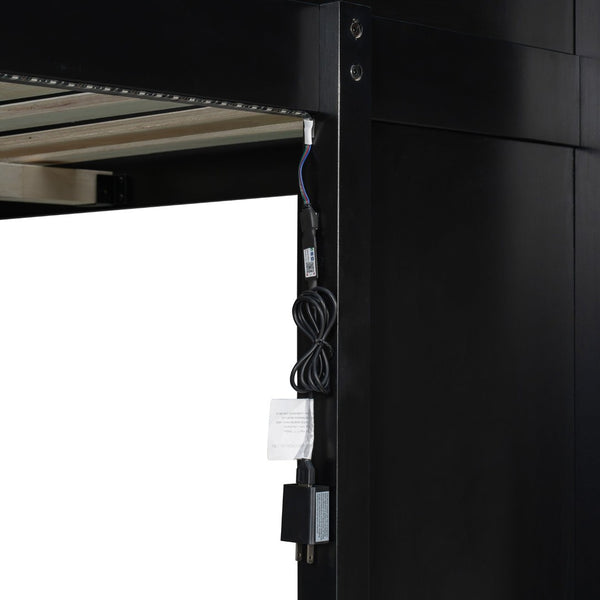 English Elm Full Size Wood Loft Bed with U-Shaped Desk RGB Lighting USB Ports and Storage Drawers Black+Blue LT000456AAC