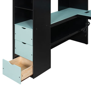 English Elm Full Size Wood Loft Bed with U-Shaped Desk RGB Lighting USB Ports and Storage Drawers Black+Blue LT000456AAC