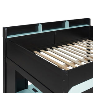 English Elm Full Size Wood Loft Bed with U-Shaped Desk RGB Lighting USB Ports and Storage Drawers Black+Blue LT000456AAC