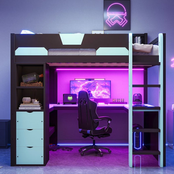 English Elm Full Size Wood Loft Bed with U-Shaped Desk RGB Lighting USB Ports and Storage Drawers Black+Blue LT000456AAC