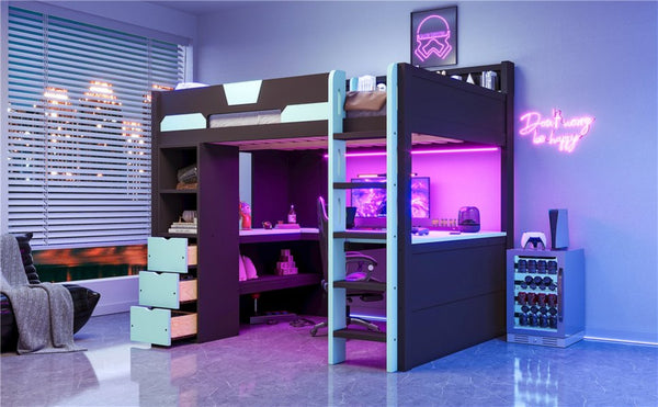 English Elm Full Size Wood Loft Bed with U-Shaped Desk RGB Lighting USB Ports and Storage Drawers Black+Blue LT000456AAC