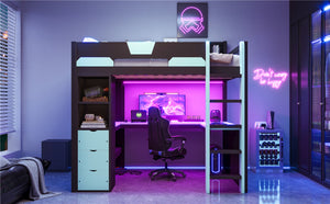English Elm Full Size Wood Loft Bed with U-Shaped Desk RGB Lighting USB Ports and Storage Drawers Black+Blue LT000456AAC