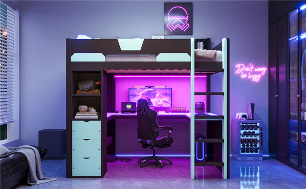English Elm Full Size Wood Loft Bed with U-Shaped Desk RGB Lighting USB Ports and Storage Drawers Black+Blue LT000456AAC