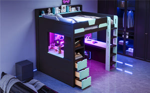 English Elm Full Size Wood Loft Bed with U-Shaped Desk RGB Lighting USB Ports and Storage Drawers Black+Blue LT000456AAC