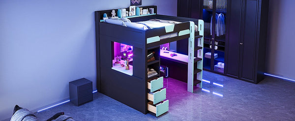 English Elm Full Size Wood Loft Bed with U-Shaped Desk RGB Lighting USB Ports and Storage Drawers Black+Blue LT000456AAC