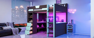 English Elm Full Size Wood Loft Bed with U-Shaped Desk RGB Lighting USB Ports and Storage Drawers Black+Blue LT000456AAC