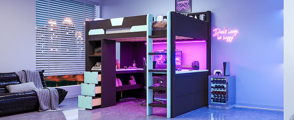 English Elm Full Size Wood Loft Bed with U-Shaped Desk RGB Lighting USB Ports and Storage Drawers Black+Blue LT000456AAC