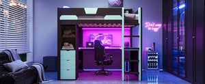 English Elm Full Size Wood Loft Bed with U-Shaped Desk RGB Lighting USB Ports and Storage Drawers Black+Blue LT000456AAC
