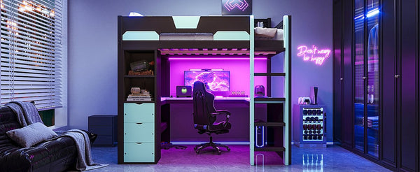 English Elm Full Size Wood Loft Bed with U-Shaped Desk RGB Lighting USB Ports and Storage Drawers Black+Blue LT000456AAC