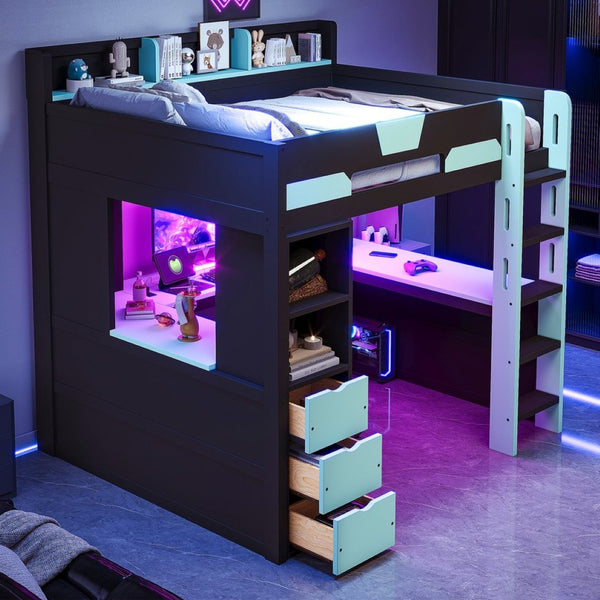 English Elm Full Size Wood Loft Bed with U-Shaped Desk RGB Lighting USB Ports and Storage Drawers Black+Blue LT000456AAC