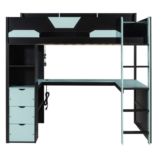 English Elm Full Size Wood Loft Bed with U-Shaped Desk RGB Lighting USB Ports and Storage Drawers Black+Blue LT000456AAC