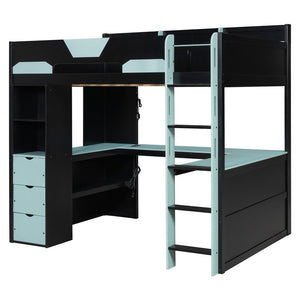 English Elm Full Size Wood Loft Bed with U-Shaped Desk RGB Lighting USB Ports and Storage Drawers Black+Blue LT000456AAC