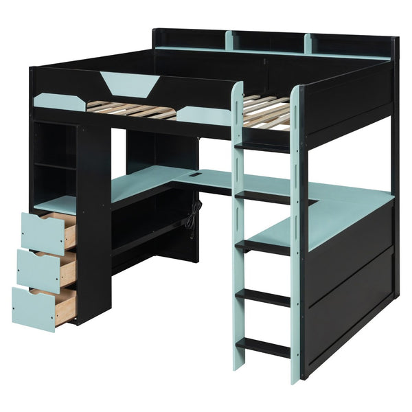 English Elm Full Size Wood Loft Bed with U-Shaped Desk RGB Lighting USB Ports and Storage Drawers Black+Blue LT000456AAC