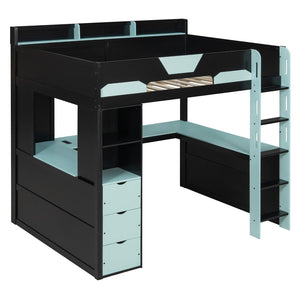 English Elm Full Size Wood Loft Bed with U-Shaped Desk RGB Lighting USB Ports and Storage Drawers Black+Blue LT000456AAC