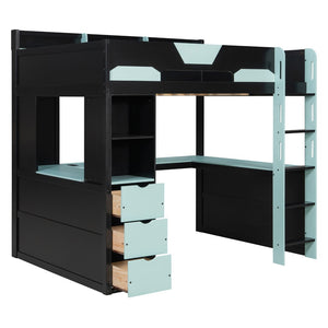 English Elm Full Size Wood Loft Bed with U-Shaped Desk RGB Lighting USB Ports and Storage Drawers Black+Blue LT000456AAC