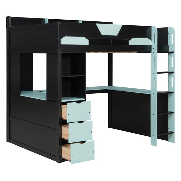 English Elm Full Size Wood Loft Bed with U-Shaped Desk RGB Lighting USB Ports and Storage Drawers Black+Blue LT000456AAC