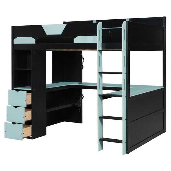 English Elm Full Size Wood Loft Bed with U-Shaped Desk RGB Lighting USB Ports and Storage Drawers Black+Blue LT000456AAC