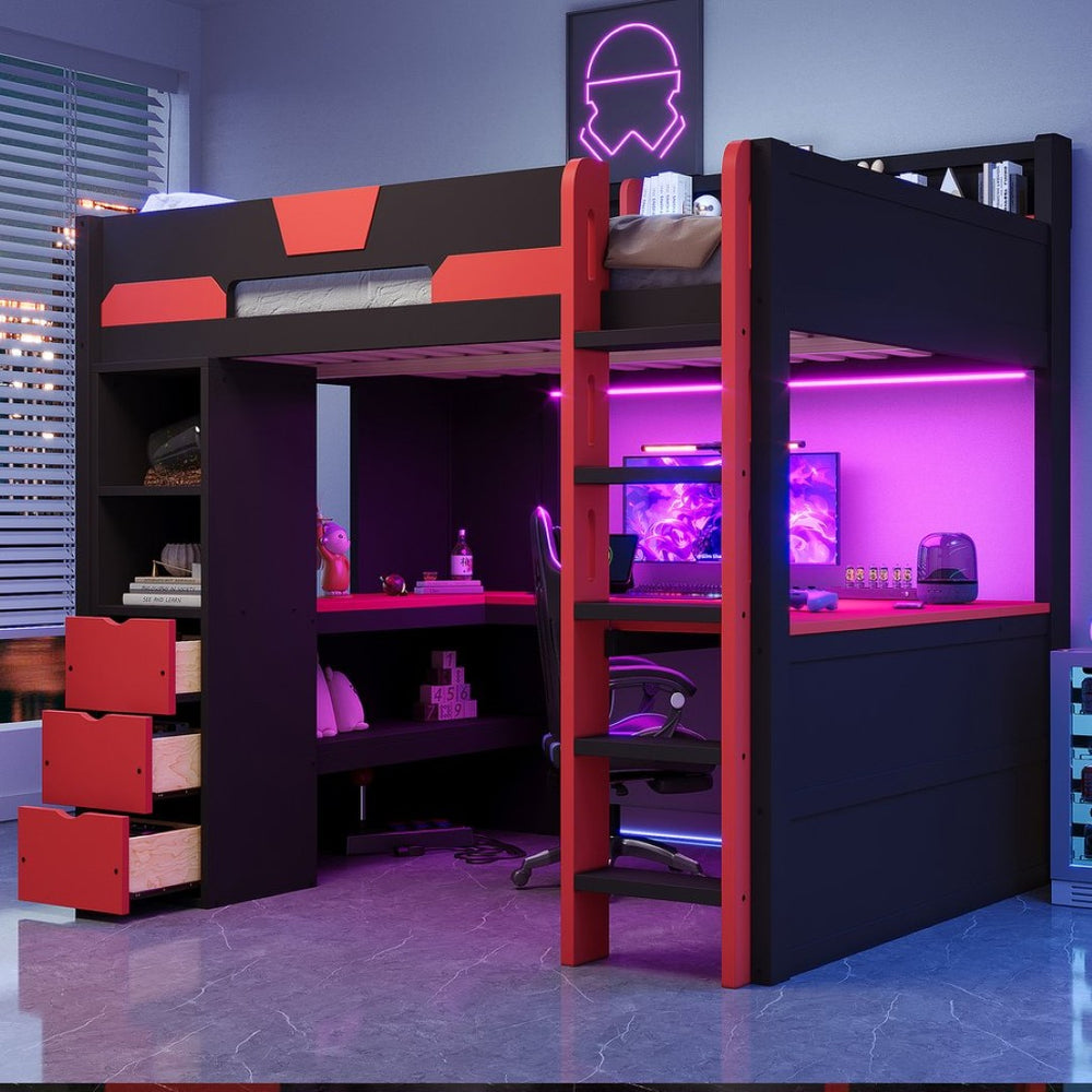 English Elm Full Size Wood Loft Bed with U-Shaped Desk RGB Lighting USB Ports and Storage Drawers Black+Red LT000456AAJ