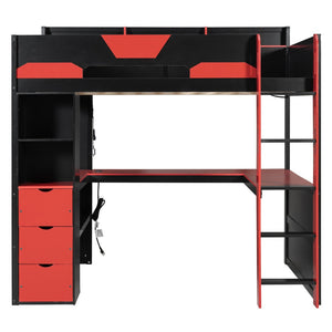 English Elm Full Size Wood Loft Bed with U-Shaped Desk RGB Lighting USB Ports and Storage Drawers Black+Red LT000456AAJ