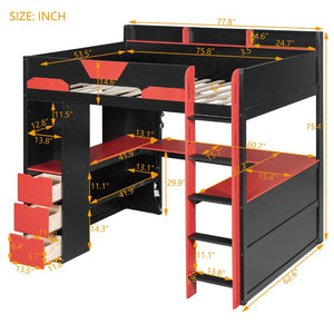 English Elm Full Size Wood Loft Bed with U-Shaped Desk RGB Lighting USB Ports and Storage Drawers Black+Red LT000456AAJ