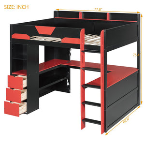 English Elm Full Size Wood Loft Bed with U-Shaped Desk RGB Lighting USB Ports and Storage Drawers Black+Red LT000456AAJ