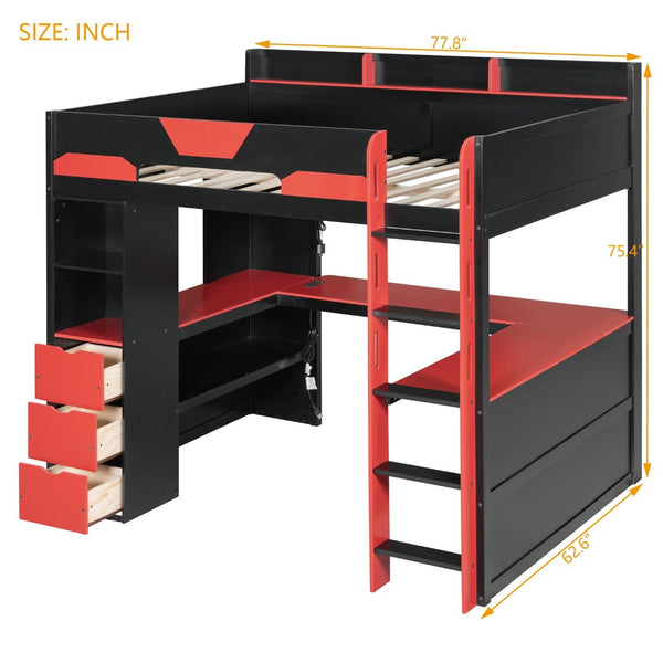 English Elm Full Size Wood Loft Bed with U-Shaped Desk RGB Lighting USB Ports and Storage Drawers Black+Red LT000456AAJ