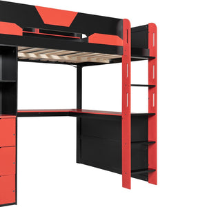 English Elm Full Size Wood Loft Bed with U-Shaped Desk RGB Lighting USB Ports and Storage Drawers Black+Red LT000456AAJ