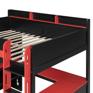 English Elm Full Size Wood Loft Bed with U-Shaped Desk RGB Lighting USB Ports and Storage Drawers Black+Red LT000456AAJ