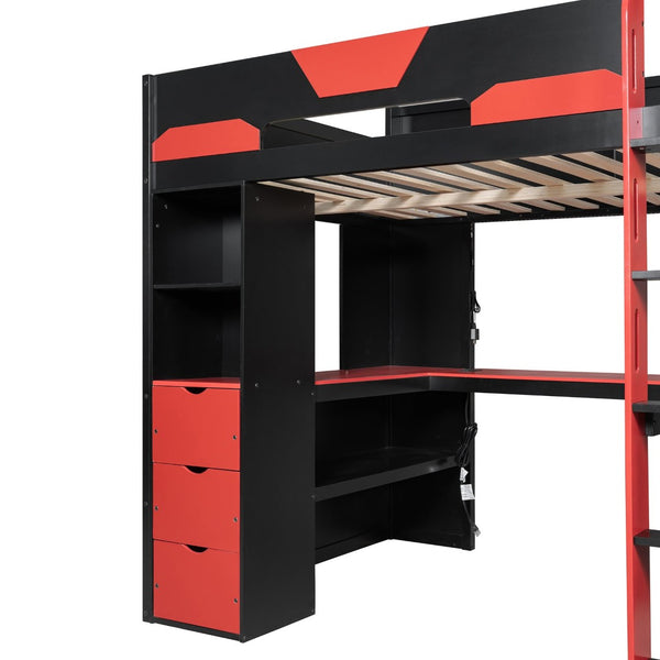 English Elm Full Size Wood Loft Bed with U-Shaped Desk RGB Lighting USB Ports and Storage Drawers Black+Red LT000456AAJ