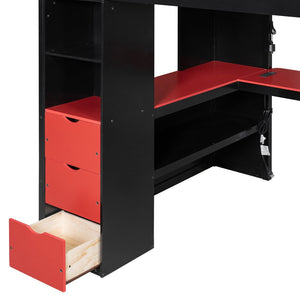 English Elm Full Size Wood Loft Bed with U-Shaped Desk RGB Lighting USB Ports and Storage Drawers Black+Red LT000456AAJ