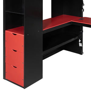 English Elm Full Size Wood Loft Bed with U-Shaped Desk RGB Lighting USB Ports and Storage Drawers Black+Red LT000456AAJ