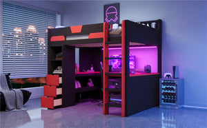 English Elm Full Size Wood Loft Bed with U-Shaped Desk RGB Lighting USB Ports and Storage Drawers Black+Red LT000456AAJ